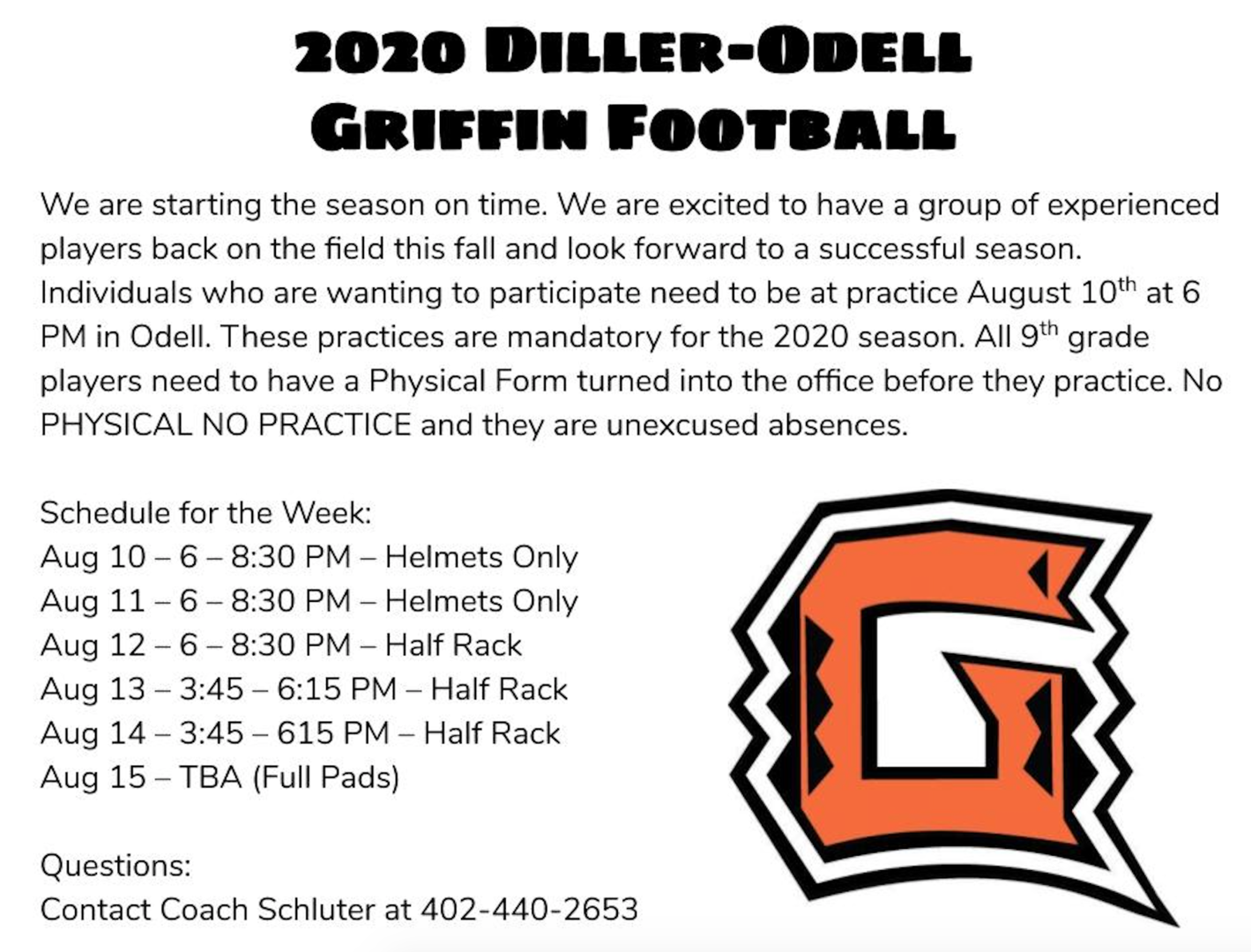 DillerOdell Football Information from Coach Schluter